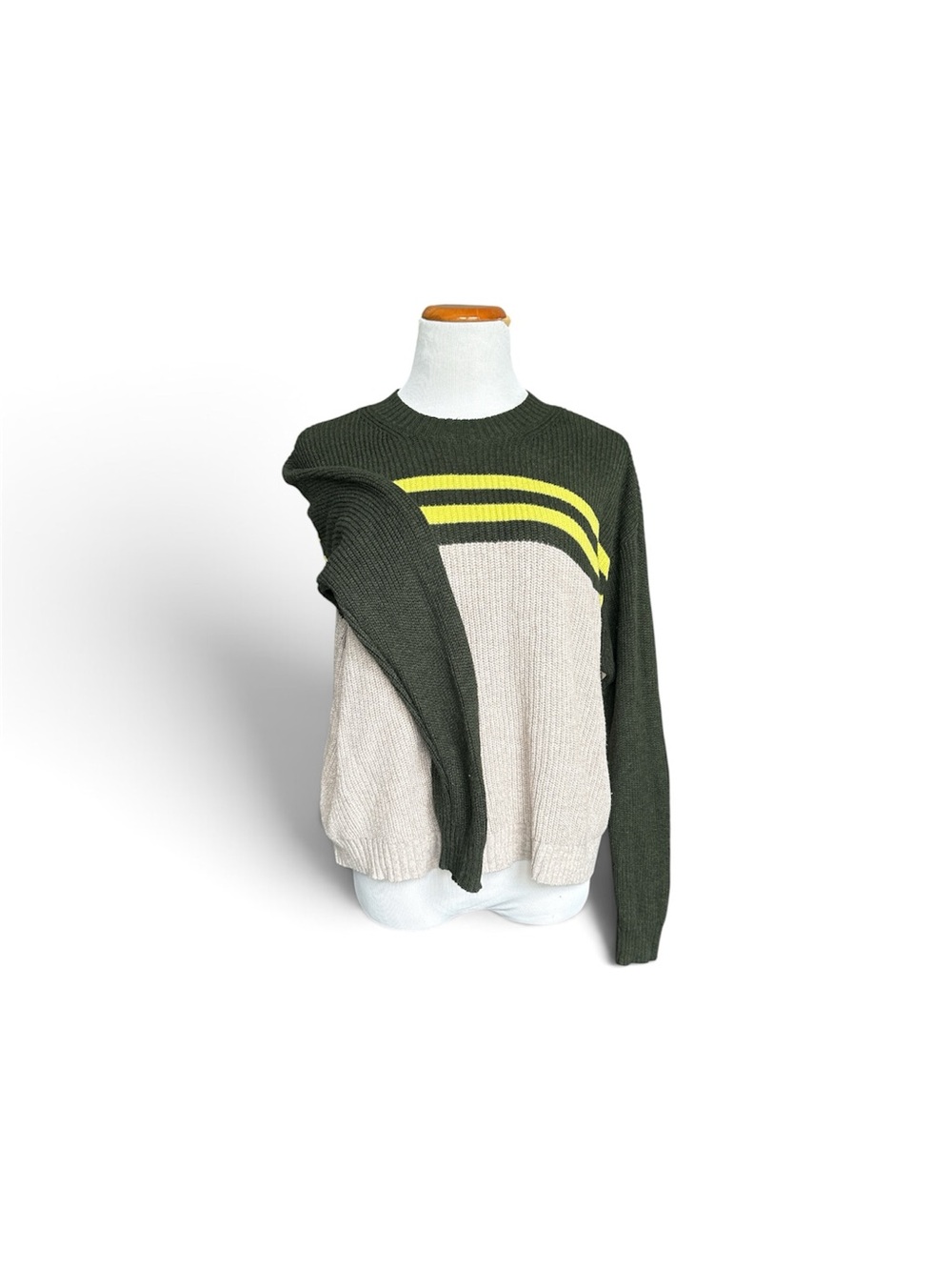 American Eagle Outfitters Olive, Cream & Yellow Stripe Crewneck Sweater
